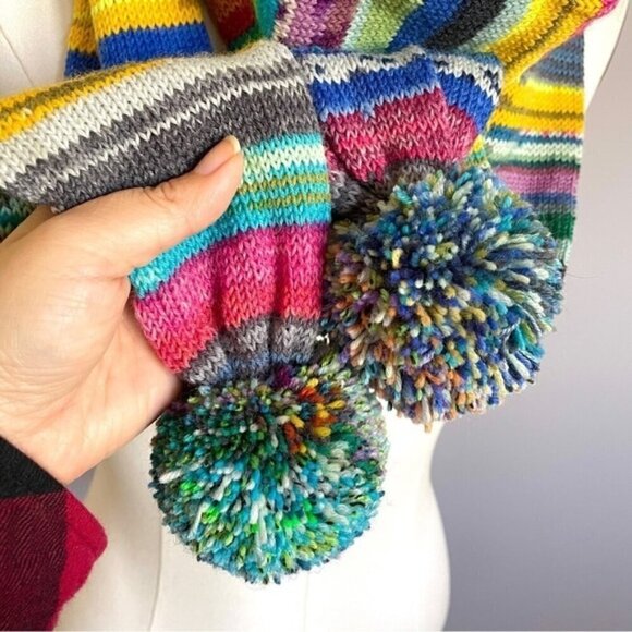 Handmade Rainbow Striped Scarf w/ 3" Pompoms - SUPER long & unique! - Picture 2 of 4